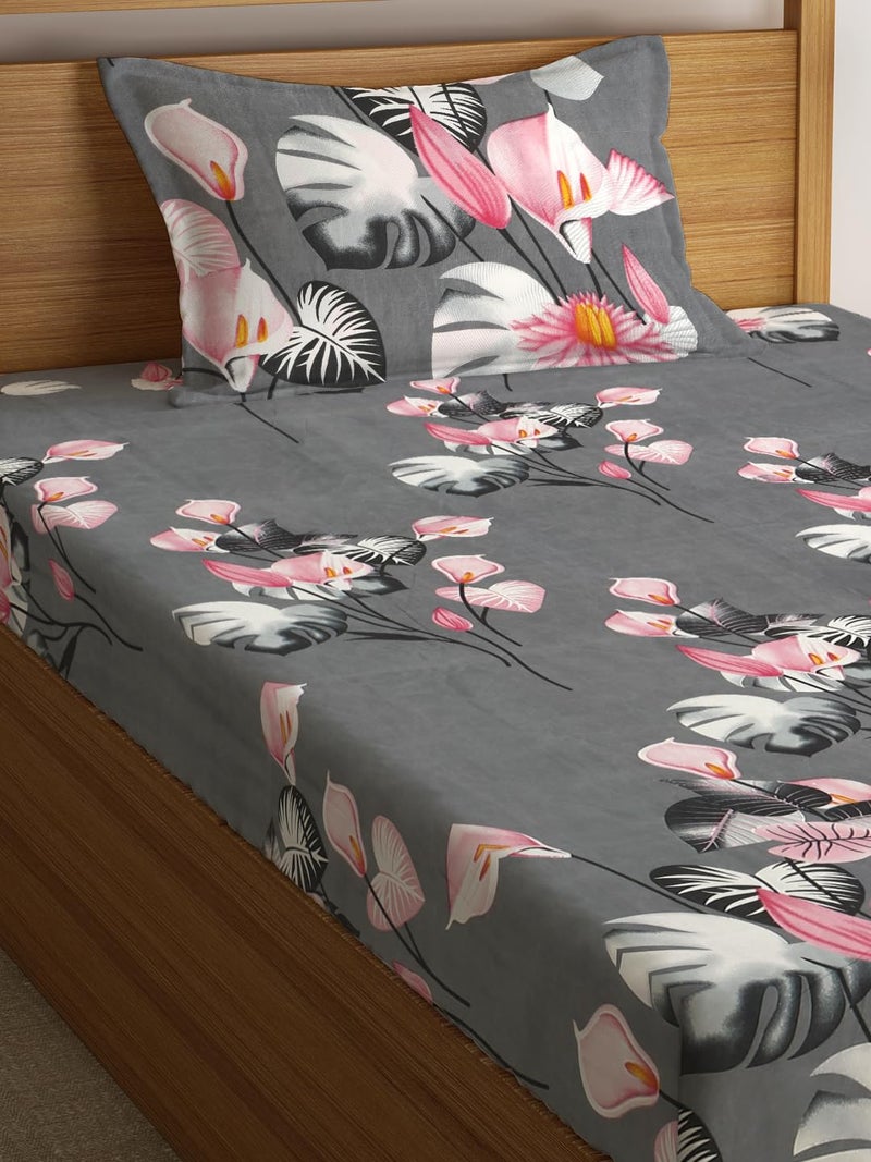 Fashion String 144TC Microfibre Tropical Floral Print Charcoal Grey Single Bedsheet with 1 Pillow Cover - Image 3