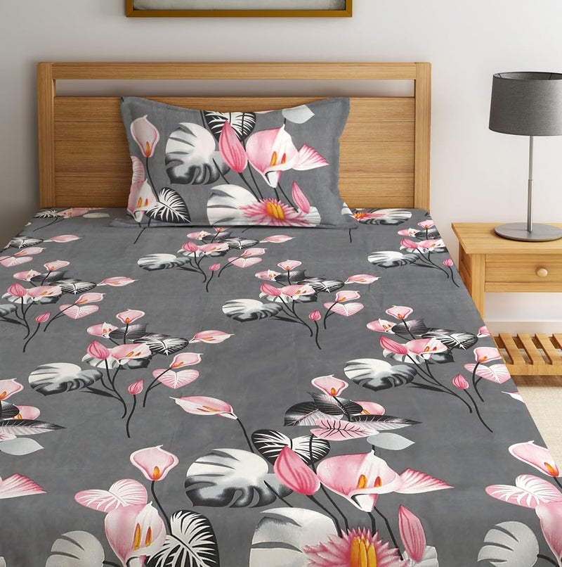 Fashion String 144TC Microfibre Tropical Floral Print Charcoal Grey Single Bedsheet with 1 Pillow Cover - Image 2
