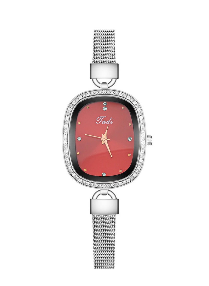 Generic Women's watch with diamond, fine mesh bracelet, quartz women's watch, personalized mother-of-pearl oval watch (red)  - Image 2