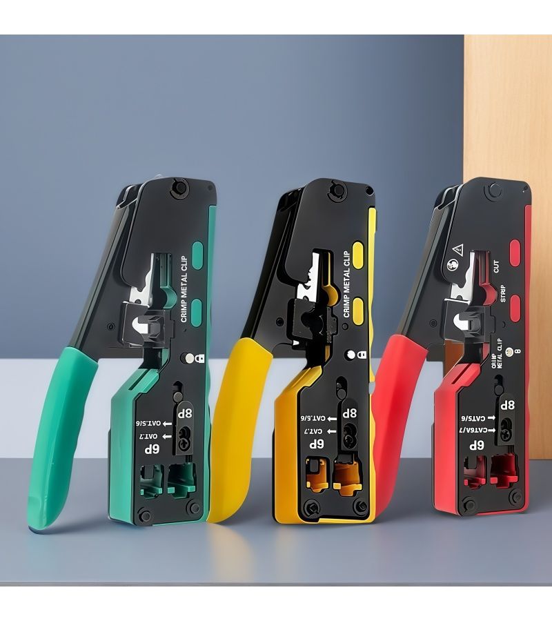All-in-One Cat5 6 7 8 Cable Crimper Stripper Cutter with Network Tester RJ11 12 6P 8P Yellow - Image 1