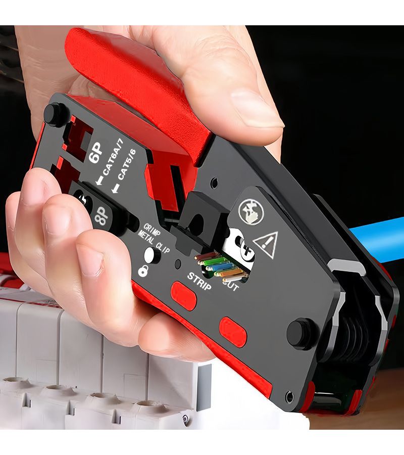 All-in-One Cat5 6 7 8 Cable Crimper Stripper Cutter with Network Tester RJ11 12 6P 8P Yellow - Image 2