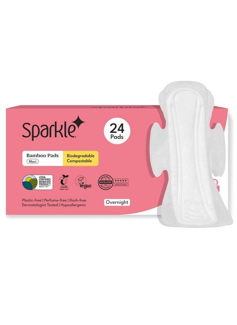 Sparkle Bamboo Maxi Pads | Plant Based Sanitary Pads for Women | Super Soft & Leak-Proof Sanitary Pads with Wings | USDA Certified Biobased, Chlorine-Free, Hypoallergenic | Overnight, 24 Count