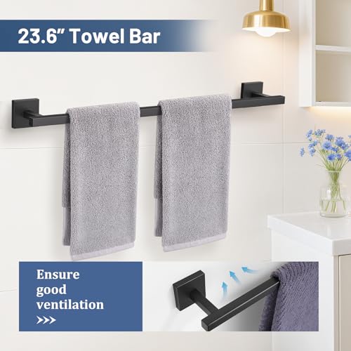 TURS 5-Pieces Matte Black Bathroom Hardware Accessories Set 23.6" Towel Bar Set Wall Mounted Square Toilet Paper Holder with Shelf Stainless Steel - Image 2