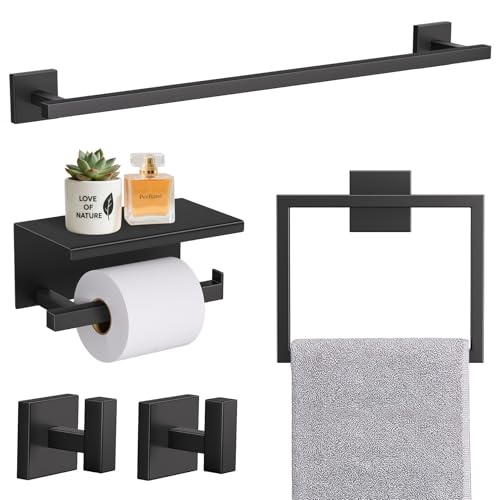 TURS 5-Pieces Matte Black Bathroom Hardware Accessories Set 23.6" Towel Bar Set Wall Mounted Square Toilet Paper Holder with Shelf Stainless Steel - Image 1