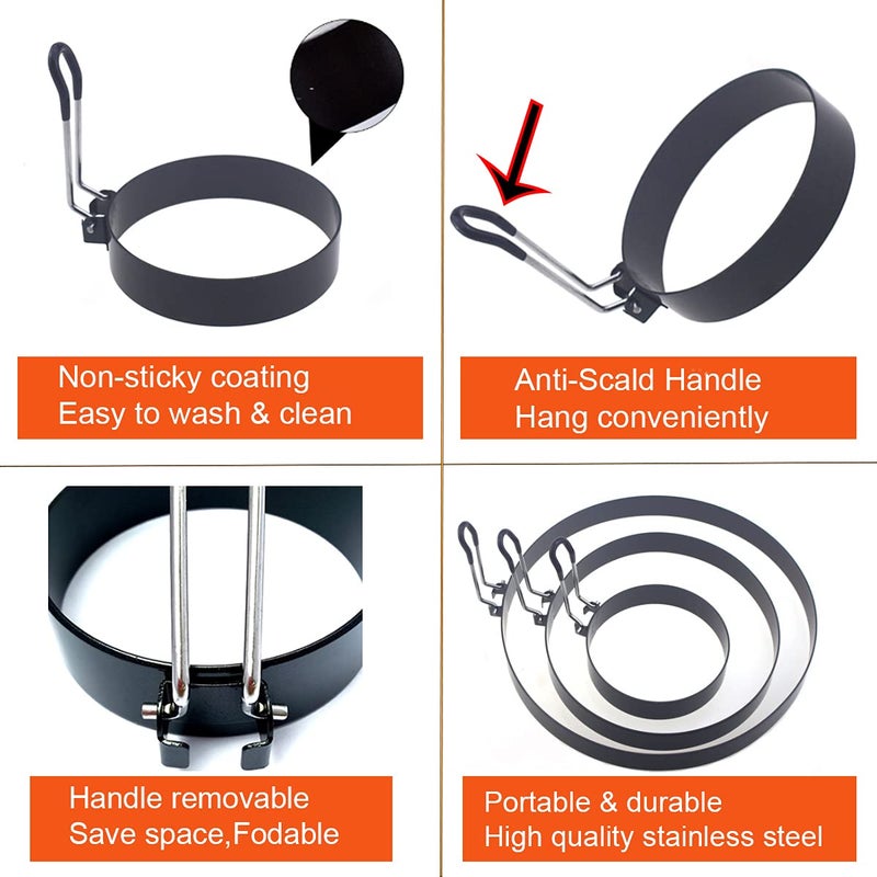 WOWITIS 8" Omelette Ring,6" Pancake Ring,4" Griddle Egg Ring,Non-stick Stainless Steel Egg Cooker Omelet Ring Set(Upgrade Large 3 Packs Egg Cooking Rings for Griddle Frying Egg with Oil Brush & Egg Separator) - Image 3