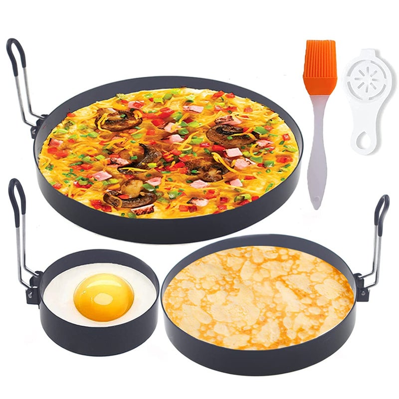WOWITIS 8" Omelette Ring,6" Pancake Ring,4" Griddle Egg Ring,Non-stick Stainless Steel Egg Cooker Omelet Ring Set(Upgrade Large 3 Packs Egg Cooking Rings for Griddle Frying Egg with Oil Brush & Egg Separator) - Image 1