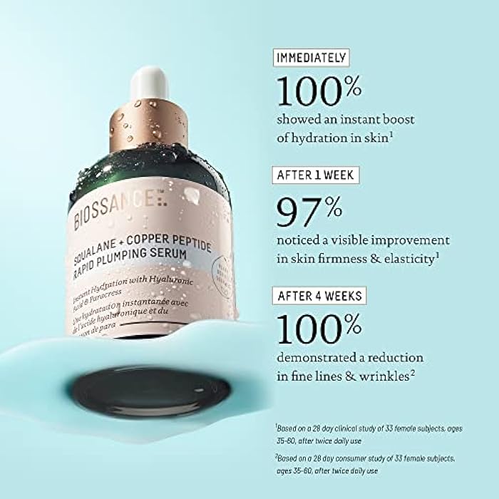 Biossance Squalane + Copper Peptide Rapid Plumping Serum - Face Serum for All Skin Types - Visibly Plumping + Firming Skin, Fine Lines + Wrinkles, Vegan Copper Peptides, Hyaluronic Acid - Image 4