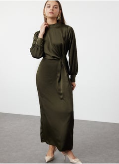 Dark Khaki Waist Gathered Satin Evening Dress TCTSS23DB00043