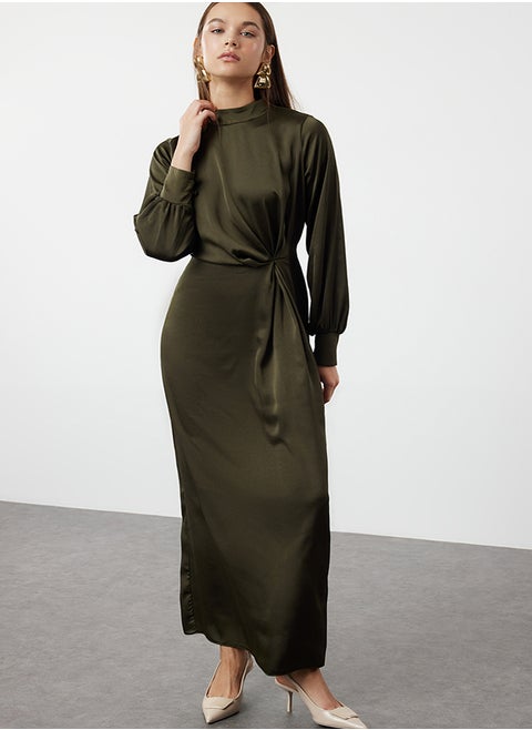 Dark Khaki Waist Gathered Satin Evening Dress TCTSS23DB00043