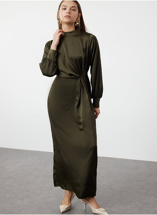 trendyol - Dark Khaki Waist Gathered Satin Evening Dress TCTSS23DB00043 - Image 1