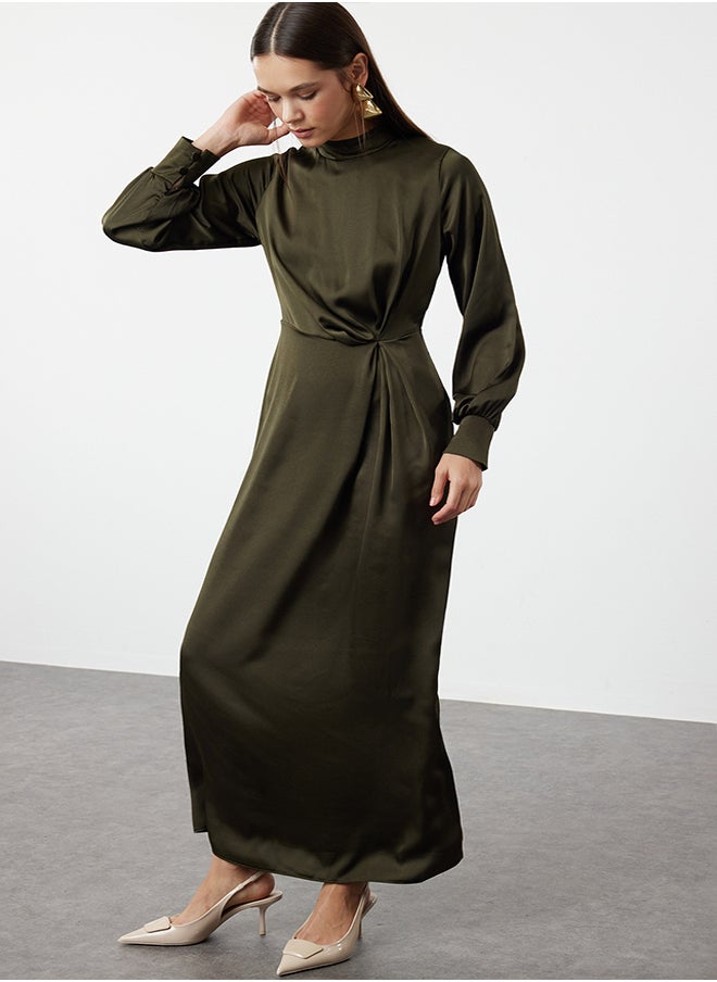 trendyol - Dark Khaki Waist Gathered Satin Evening Dress TCTSS23DB00043 - Image 1