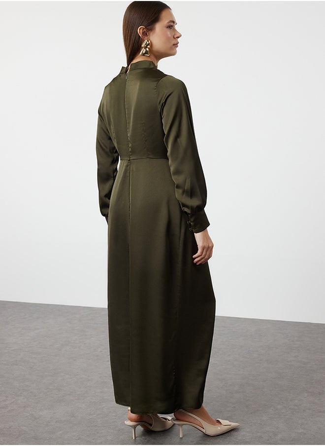 trendyol - Dark Khaki Waist Gathered Satin Evening Dress TCTSS23DB00043 - Image 1