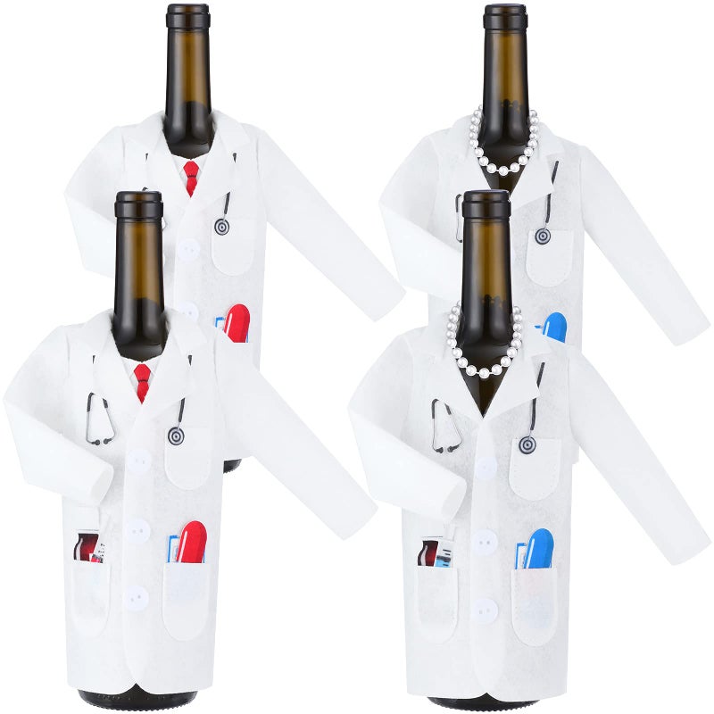 4 Pcs White Coat Wine Bag Felt Doctors White Wine Bottle Cover with Tie Lawyer Beer Can Sleeve Necklace for Nurse Men Women Practitioner Graduation Birthday Anniversary Present Law Student Doctor