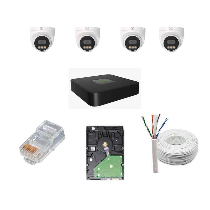 JK Vision كاميرا CCTV IP من JK Vision بدقة 5 ميجابكسل مجموعة كاملة 4 قبة 4 قناة NVR مع POE مدمج قرص صلب سعة 1 تيرابايت كابل Cat6 بطول 100 متر 8 موصل RJ45 - Image 1