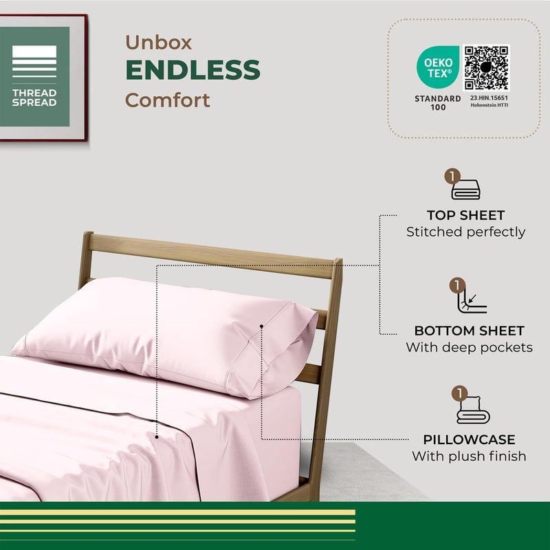 THREAD SPREAD 100% Organic Cotton Sheets Twin Size - 3 PC Organic Cotton Twin Size Percale Weave Sheet Set, Soft, Cooling, Crisp & Breathable, 16" Deep Pocket Bedding Set for Dorm Room - Blush - Image 3