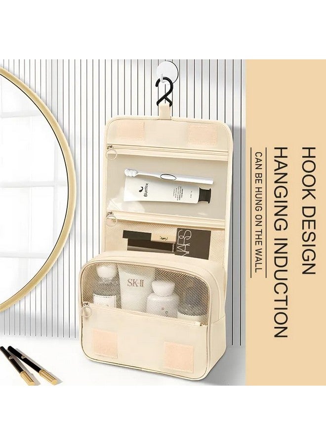 HOUVIDA Large Capacity Travel Cosmetic Bag Transparent Waterproof Portable with Handle and Hanging Hook Multifunctional Bag Makeup Accessories for Women (Beige Color) - Image 3