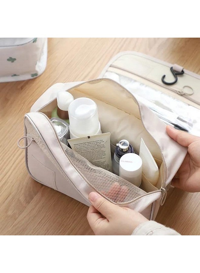 HOUVIDA Large Capacity Travel Cosmetic Bag Transparent Waterproof Portable with Handle and Hanging Hook Multifunctional Bag Makeup Accessories for Women (Beige Color) - Image 4