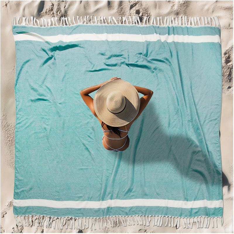 Vikumond Oversized Turkish Beach Towel Blanket XXL Cotton Sandproof Towels Boho Woven Extra Large Big Sand Free Giant Throw Blankets Huge Quilt XL Picnic Camping Necessities Cloud For Adult Gifts Teal - Image 1