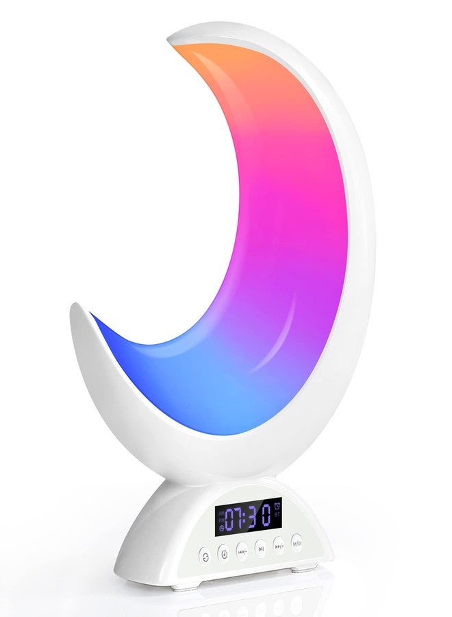 BRNEWO مصباح طاولة BRNEWO Moon مزود بساعة منبه، وإضاءة RGB قابلة للتعديل مع بلوتوث، مع وضع المشهد ووضع الموسيقى، وإضاءة LED بيضاء دافئة على شكل قمر، مناسب لتزيين المنزل، وغرفة النوم، وغرفة المعيشة، والمكتب. - Image 1