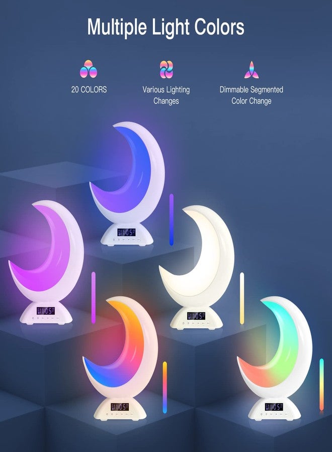 BRNEWO مصباح طاولة BRNEWO Moon مزود بساعة منبه، وإضاءة RGB قابلة للتعديل مع بلوتوث، مع وضع المشهد ووضع الموسيقى، وإضاءة LED بيضاء دافئة على شكل قمر، مناسب لتزيين المنزل، وغرفة النوم، وغرفة المعيشة، والمكتب. - Image 5