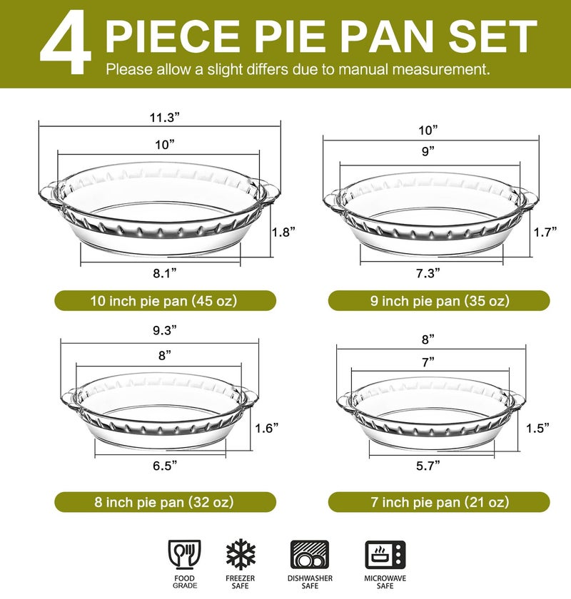 M MCIRCO 4 Packs Glass Pie Plates, MCIRCO Deep Pie Pans Set (7"/8"/9"/10"), Pie Baking Dishes with Handles for Baking and Serving, Clear - Image 2