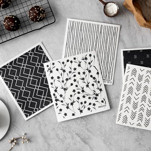 RECYCO Swedish Dishcloths for Kitchen | 5 Pack Geometric Washable Dish Rags | Cellulose Reusable Cleaning Paper Towels | Absorbent Counter Dish Cloth Sponge Kitchen Wipes, 8" L x 7" W - Image 2