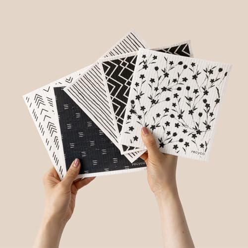 RECYCO Swedish Dishcloths for Kitchen | 5 Pack Geometric Washable Dish Rags | Cellulose Reusable Cleaning Paper Towels | Absorbent Counter Dish Cloth Sponge Kitchen Wipes, 8" L x 7" W - Image 1