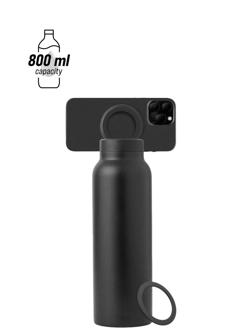 Vacuum Water Bottle With Straw Lid & Magnetic Phone Mount, Stainless Steel Water Bottle,Double Wall Thermos Bottle 800ml Black