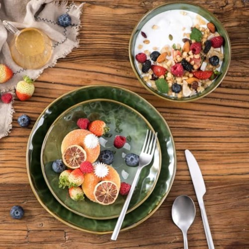 Ceramic Pasta Bowls Set, 32 Ounce Soup Bowls, Large Salad Bowls, Chip Resistant, Dishwasher Microwave Safe, Fluted stoneware Bowls for Kitchen, Serving Bowls, Set of 6 Green - Image 2