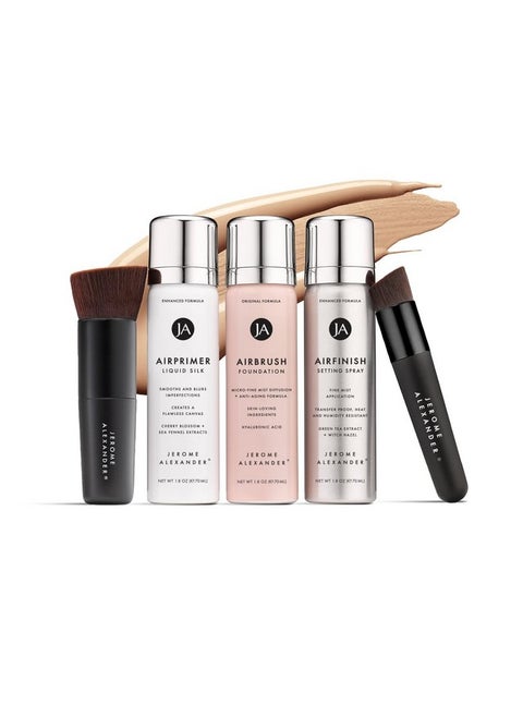 مجموعة Magic Minerals AirBrush Foundation System من Jerome Alexander - مجموعة مكياج بخاخ كاملة مكونة من 5 قطع مع كريم أساس وبرايمر ورذاذ تثبيت/تشطيب - لبشرة ناعمة ومشرقة (متوسط فاتح)