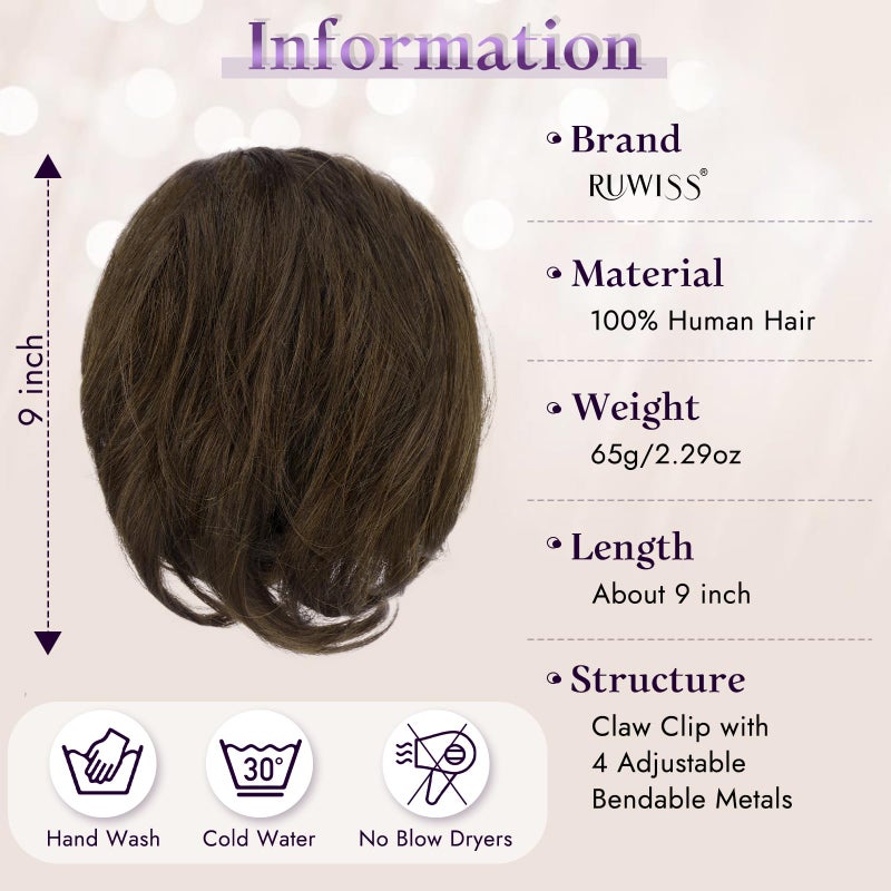 RUWISS Claw Clip Short Human Hair Ponytail Extension with Bendable Metals for DIY Styles, Straight Messy Bun Hair Piece for Women Thick Hairpieces for Daily Wear, 9 Inch Dark Brown - Image 2