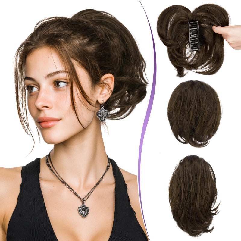 RUWISS Claw Clip Short Human Hair Ponytail Extension with Bendable Metals for DIY Styles, Straight Messy Bun Hair Piece for Women Thick Hairpieces for Daily Wear, 9 Inch Dark Brown - Image 1
