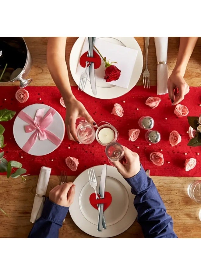 12 Pcs Valentine Heart Flatware Holders Red Felt Heart Shape Valentine's Day Silverware Holder Cutlery Bags Pockets Dinner Knife Fork Tableware Covers for Wedding Party Table Decoration - Image 4