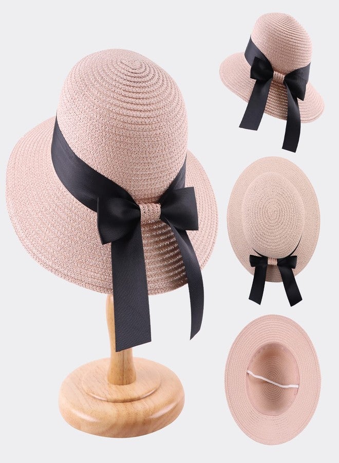 Zsedrut Girl Straw Sun Hat Summer Beach Cap Foldable Visor Floppy Hats Wide Brim with Strap,Big Bowknot,Adjustable Size (Pink,2-4 Years) - Image 2