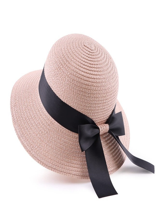 Zsedrut Girl Straw Sun Hat Summer Beach Cap Foldable Visor Floppy Hats Wide Brim with Strap,Big Bowknot,Adjustable Size (Pink,2-4 Years) - Image 1
