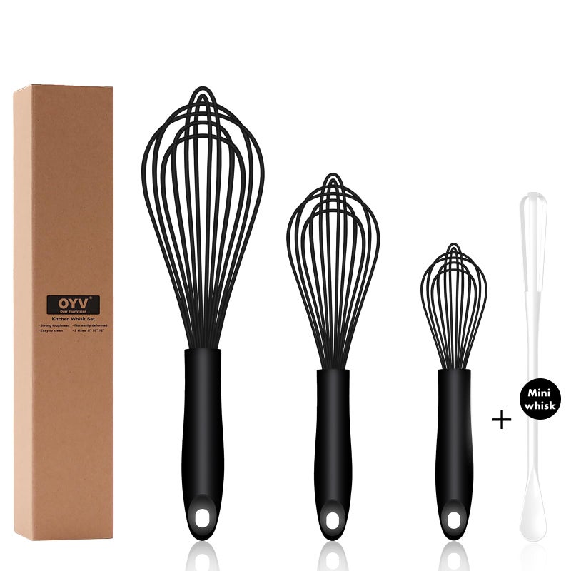OYV Dishwasher Safe Silicone Whisk, Sealed Waterproof Design Set of 3, Professional Kitchen Whisks for Cooking Non-Scratch, Silicone & Stainless Steel Whisk, Heat Resistant Balloon Egg Beater, Black - Image 1