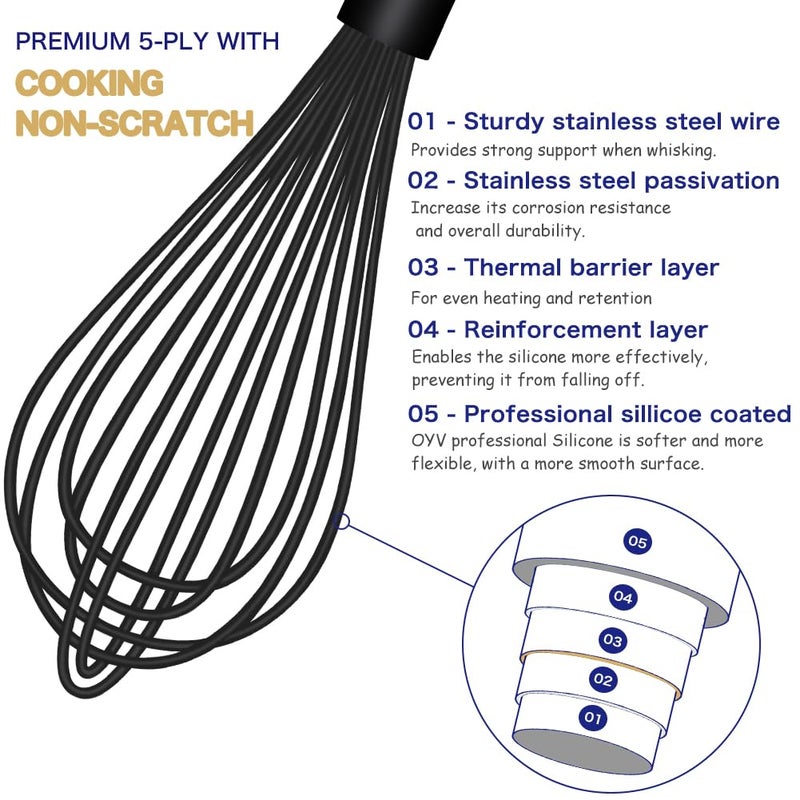 OYV Dishwasher Safe Silicone Whisk, Sealed Waterproof Design Set of 3, Professional Kitchen Whisks for Cooking Non-Scratch, Silicone & Stainless Steel Whisk, Heat Resistant Balloon Egg Beater, Black - Image 3