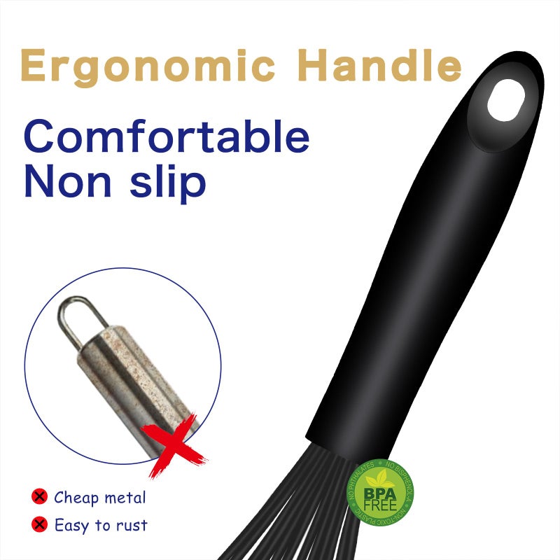 OYV Dishwasher Safe Silicone Whisk, Sealed Waterproof Design Set of 3, Professional Kitchen Whisks for Cooking Non-Scratch, Silicone & Stainless Steel Whisk, Heat Resistant Balloon Egg Beater, Black - Image 5