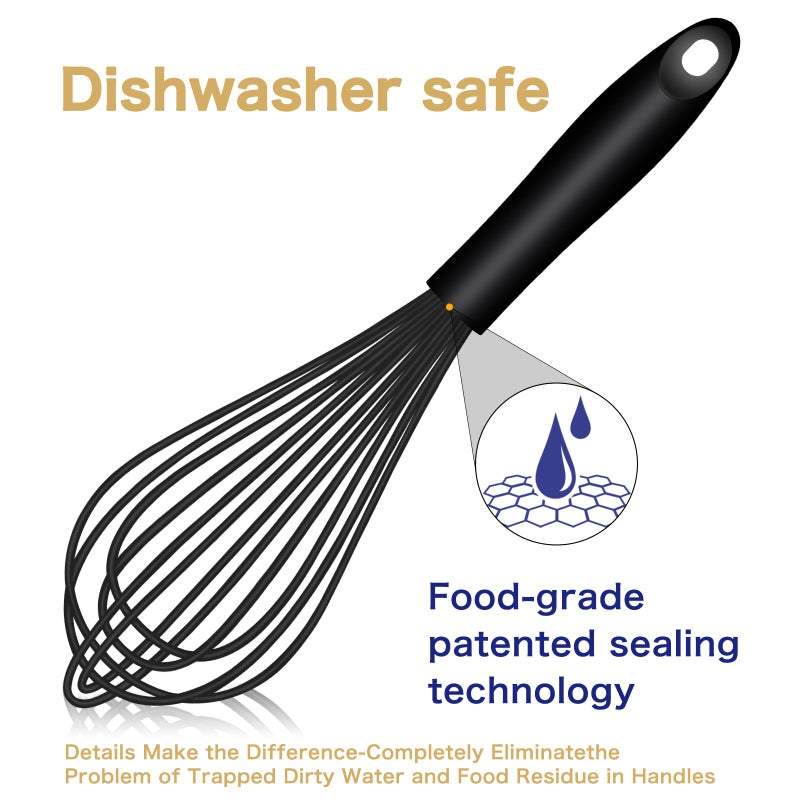 OYV Dishwasher Safe Silicone Whisk, Sealed Waterproof Design Set of 3, Professional Kitchen Whisks for Cooking Non-Scratch, Silicone & Stainless Steel Whisk, Heat Resistant Balloon Egg Beater, Black - Image 2