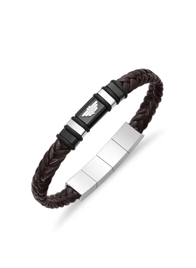 POLICE Weavebreaker BraceletBraided Brown Leather with Black Wing Logo Plaque and P Logo ClosureBold Men's Style