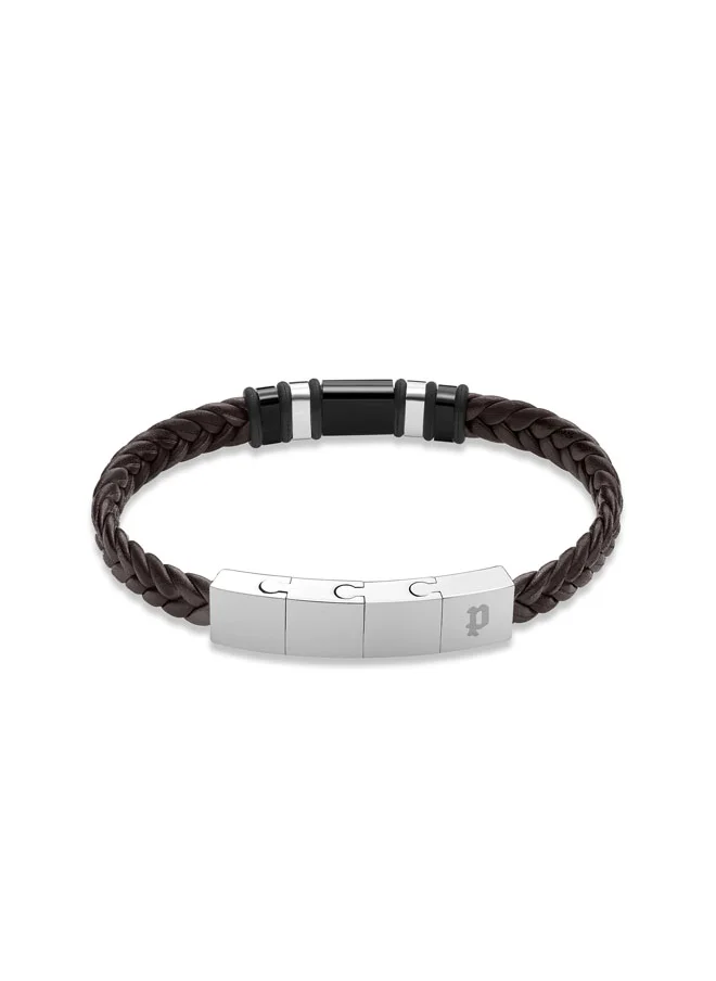 POLICE Weavebreaker BraceletBraided Brown Leather with Black Wing Logo Plaque and P Logo ClosureBold Men's Style