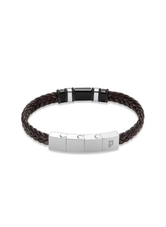 POLICE Weavebreaker BraceletBraided Brown Leather with Black Wing Logo Plaque and P Logo ClosureBold Men's Style