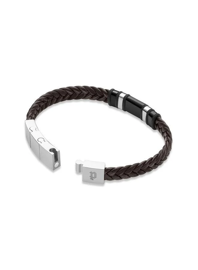 POLICE Weavebreaker BraceletBraided Brown Leather with Black Wing Logo Plaque and P Logo ClosureBold Men's Style