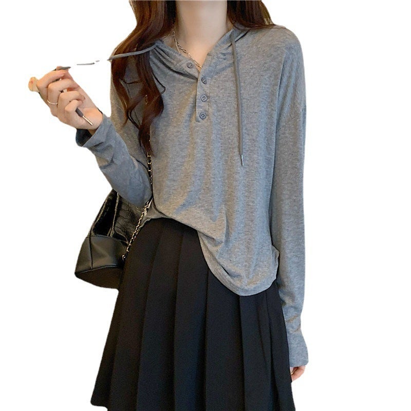 2023 Autumn Slim Hoodie Korean Long Sleeve Womens Tee Black  - Image 3