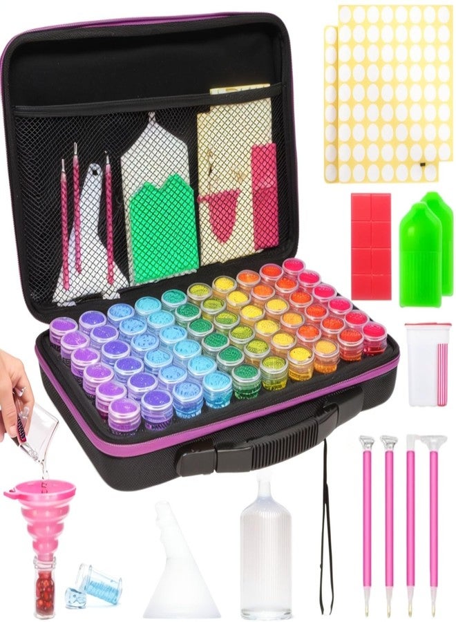 MERATIA 60 Slots Diamond Painting Storage Container, Diamond Art Kits for Adults Stackable Bead Organizer with Carrying Handle, Craft Storage Box with Accessories (Purple-60 Slots) - Image 1
