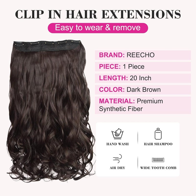 REECHO 20" 1-pack 3/4 Full Head Curly Wave Clips in on Synthetic Hair Extensions Hair pieces for Women 5 Clips 4.6 Oz Per Piece - Dark brown - Image 2