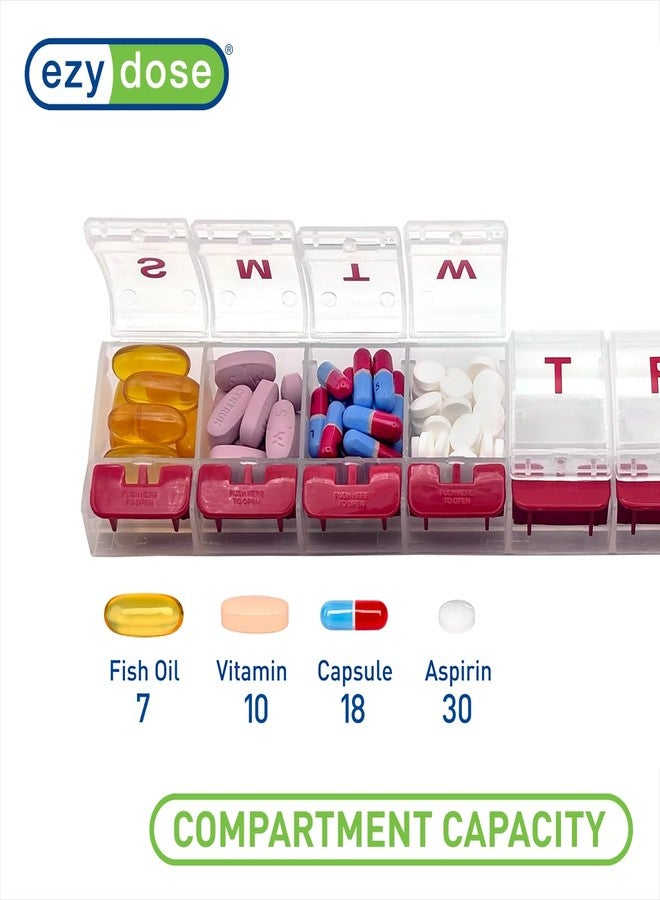 EZY DOSE Weekly (7-Day) AM/PM Daily Push Button Pill Organizer, Vitamin Case, and Medicine Container, X-Large Compartments, Arthritis Friendly, Convenient and Easy to Use, Clear/Red, BPA Free - Image 2