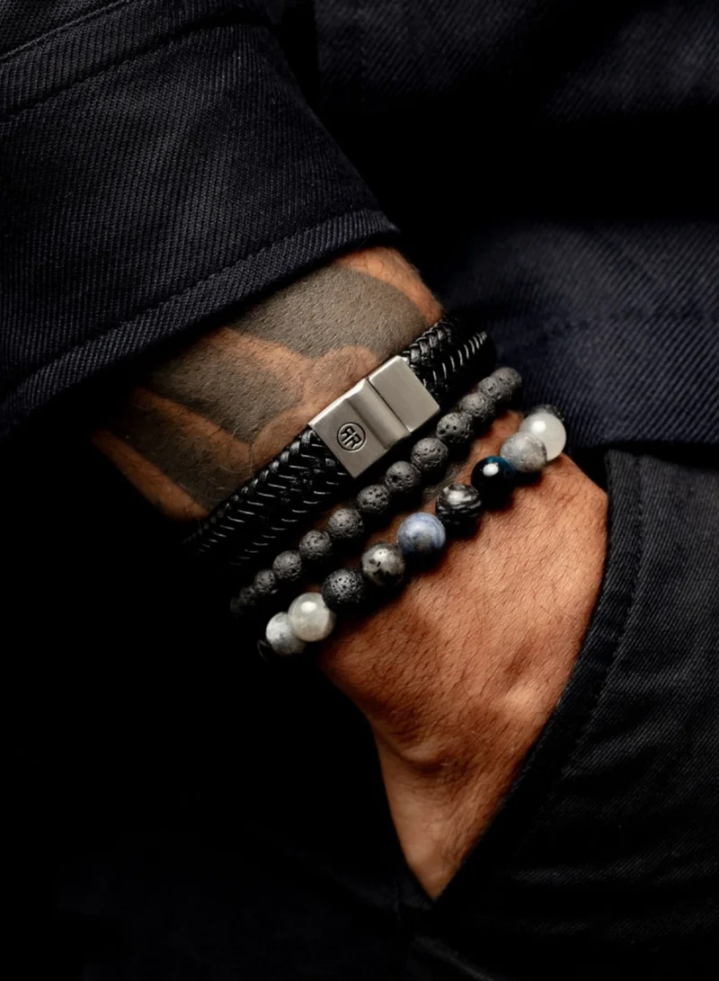Rebel & Rose Men's Full Metal Herringbone Leather Bracelet, 12 mm, Black Matt