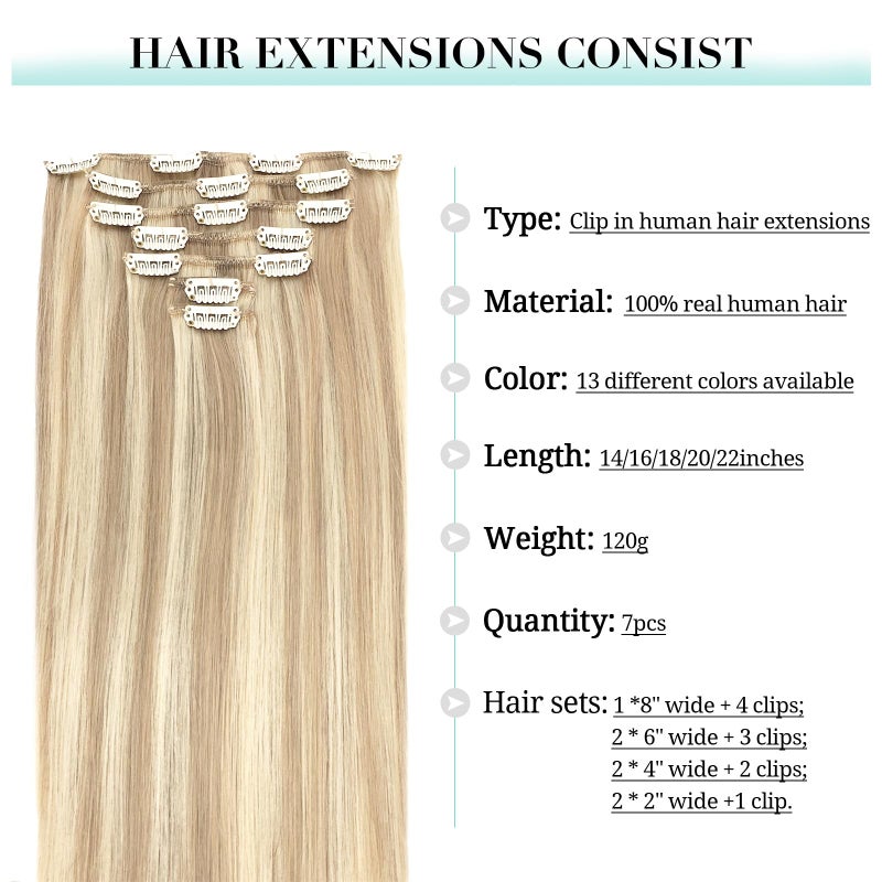 DOORES Clip in Human Hair Extensions Balayage Dark Blonde Highlighted Bleach Blonde 120g 7pcs 18 Inch Straight Thick Hair Extensions - Image 3