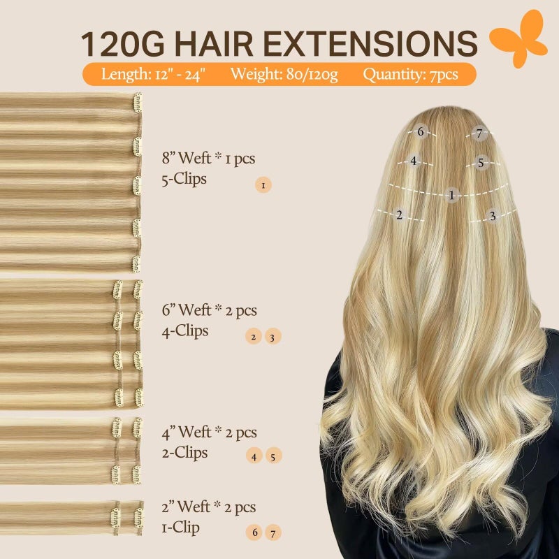 DOORES Clip in Human Hair Extensions Balayage Dark Blonde Highlighted Bleach Blonde 120g 7pcs 18 Inch Straight Thick Hair Extensions - Image 2